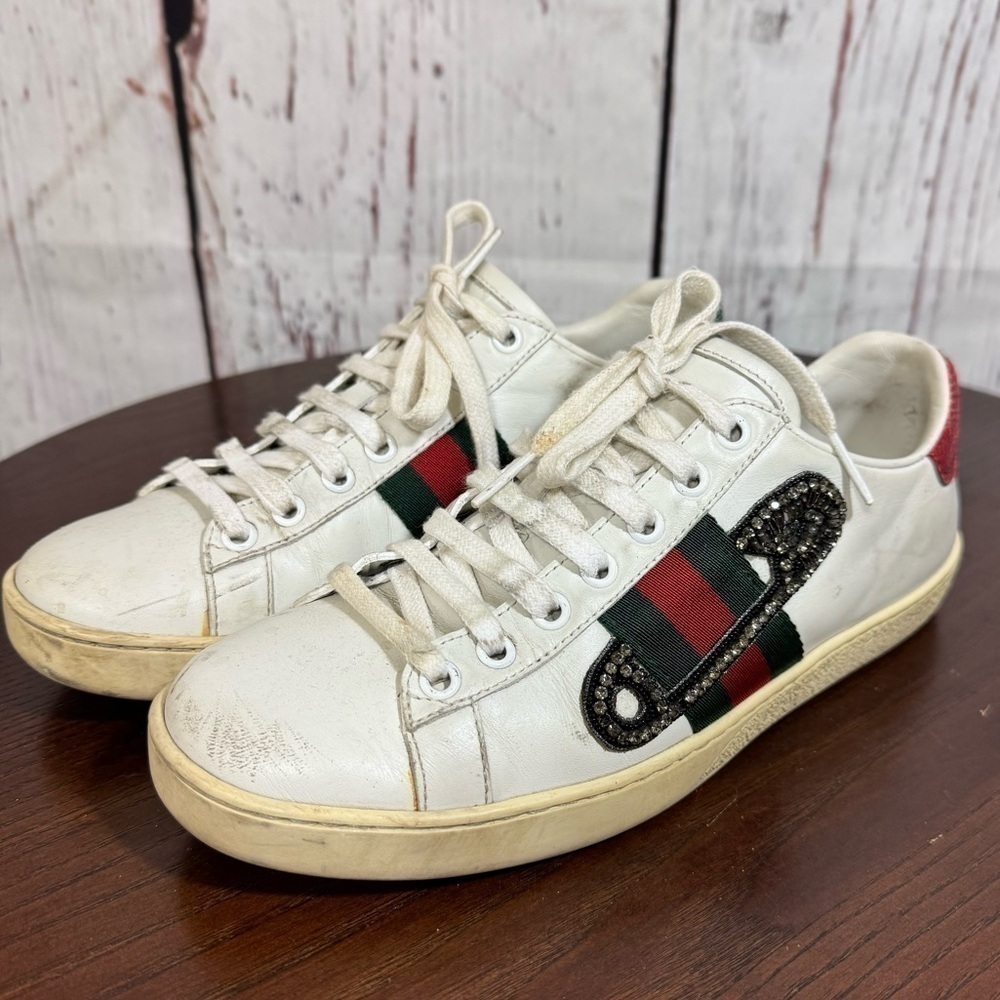 GUCCI ACE SNEAKERS embellished safety pin women’s 6.5 GUC - Picture 9 of 15